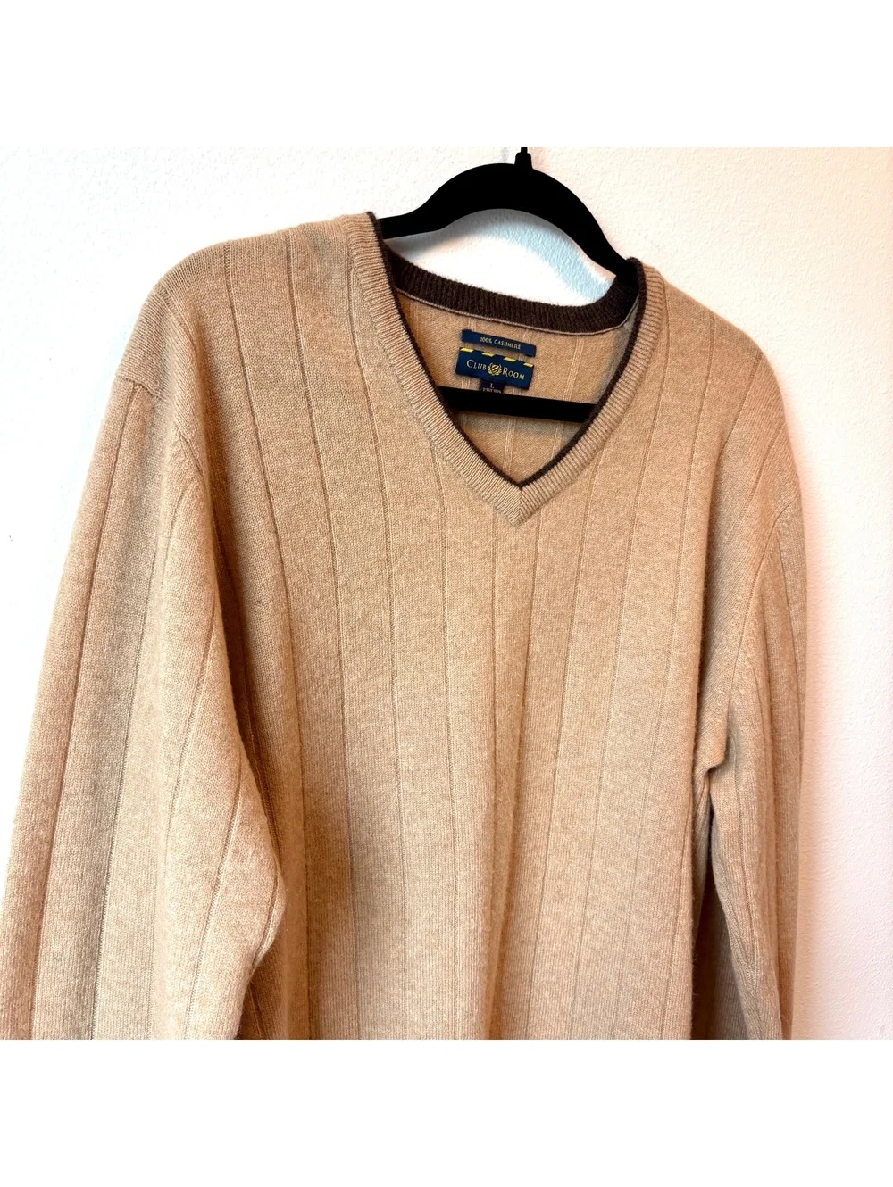 Club Room 100% Cashmere V-Neck Sweater Men’s Large Camel Tan Ribbed Knit Fall